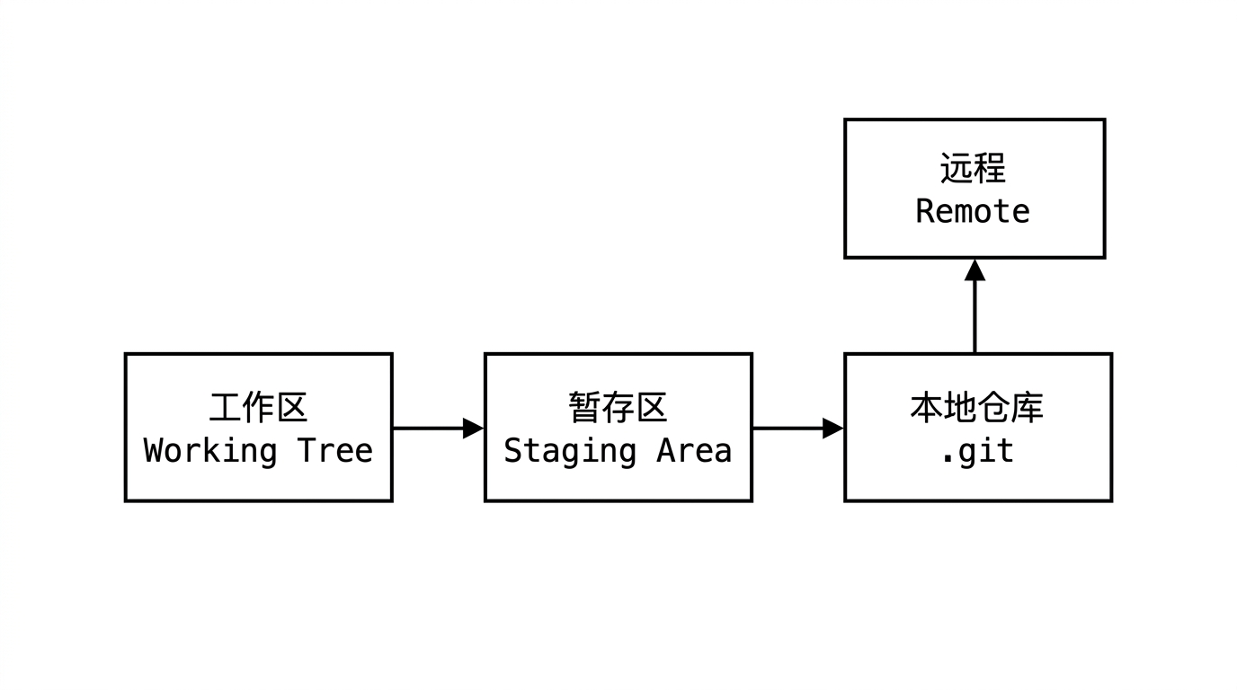 工作区 → 暂存区 → 本地仓库 → 远程(概念示意)
