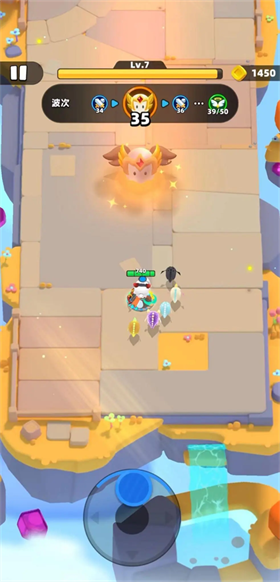 《Archero》俯视角动作 Roguelike，摇杆移动、波次推进。